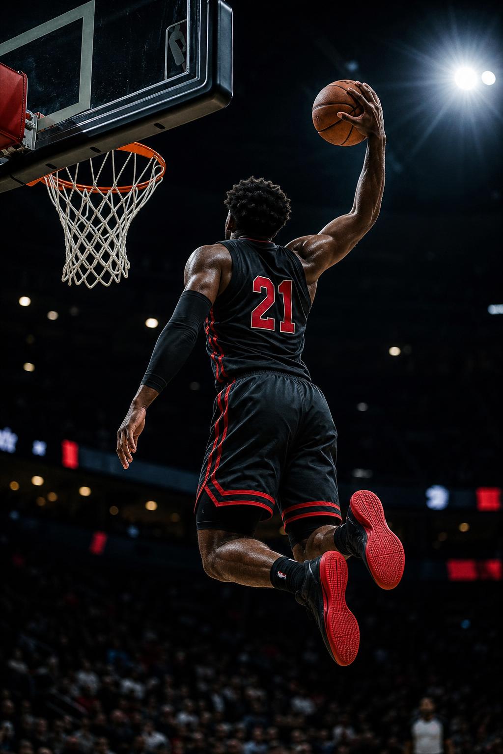 High school basketball player mid-dunk